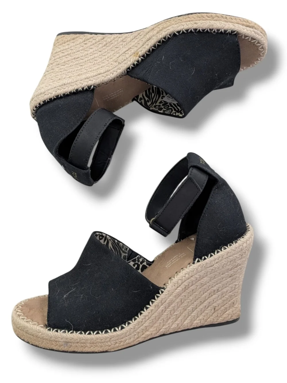 Toms Marisol Black Espadrille Wedge Sandals with Ankle Strap, Size 6